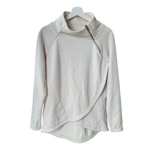 Athleta Cozy Karma Asymmetrical Mock Neck Funnel pullover Fleece Small Oatmeal